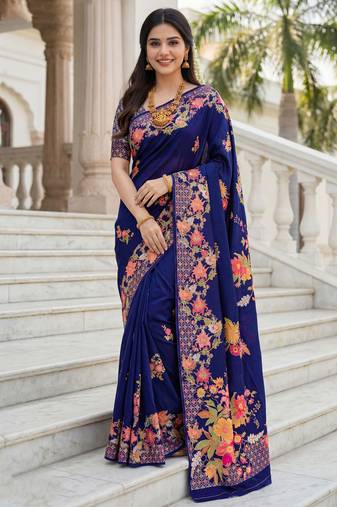 Royal blue color beautiful russian silk floral position printed work saree