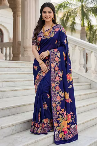 Royal blue color beautiful russian silk floral position printed work saree