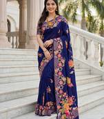Royal blue color beautiful russian silk floral position printed work saree
