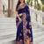 Royal blue color beautiful russian silk floral position printed work saree