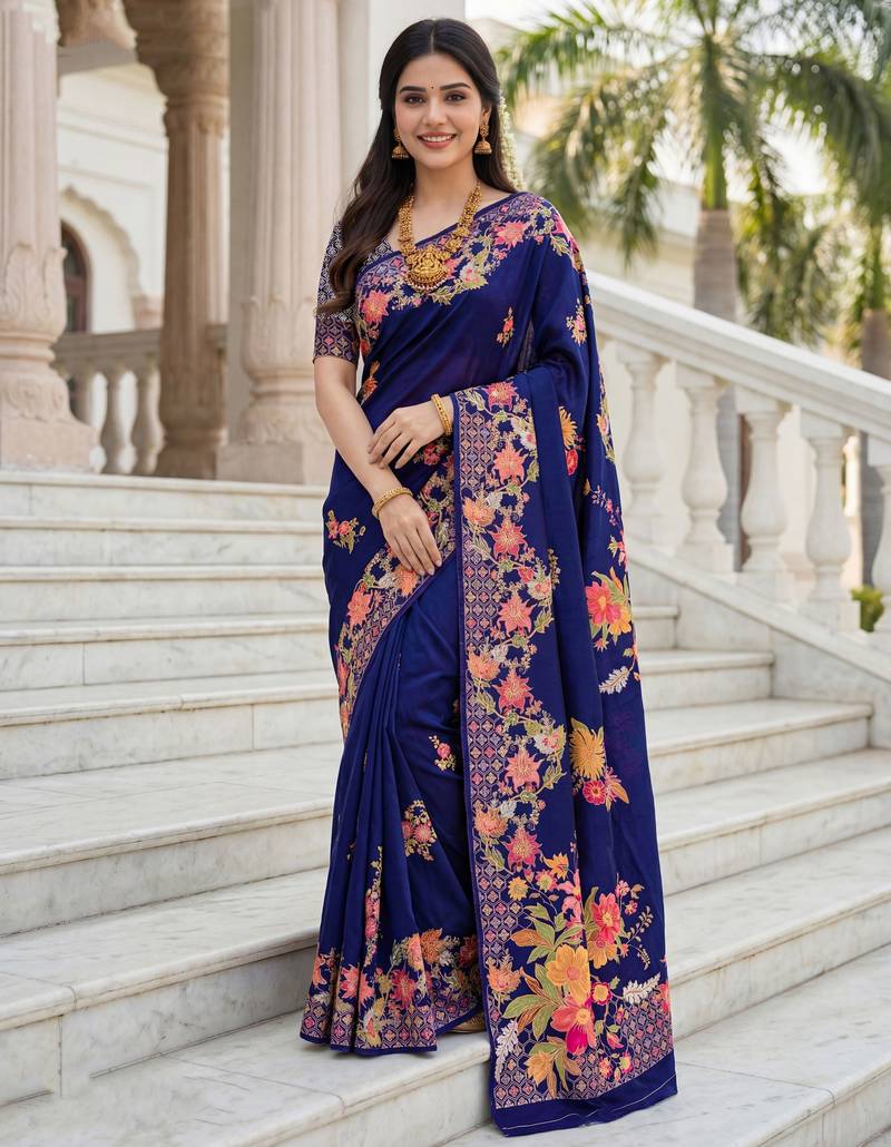 Royal blue color beautiful russian silk floral position printed work saree