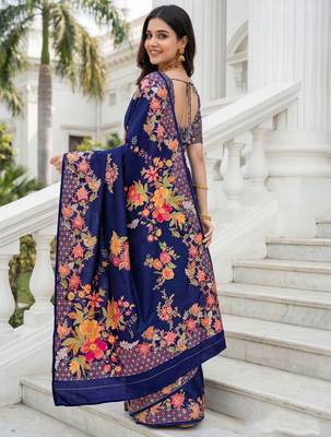 Royal blue russian silk blend floral position printed work saree 2
