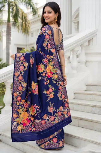 Royal blue russian silk blend floral position printed work saree