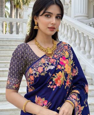 Royal blue russian silk blend floral position printed work saree 3