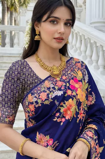 Royal blue russian silk blend floral position printed work saree