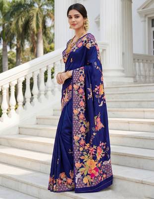 Royal blue russian silk blend floral position printed work saree 4