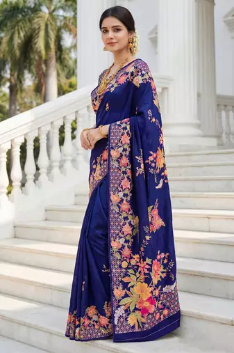 Royal blue russian silk blend floral position printed work saree