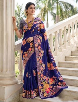 Royal blue russian silk blend floral position printed work saree 5