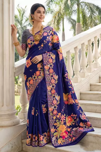 Royal blue russian silk blend floral position printed work saree