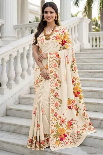 Cream color beautiful russian silk floral position printed work saree