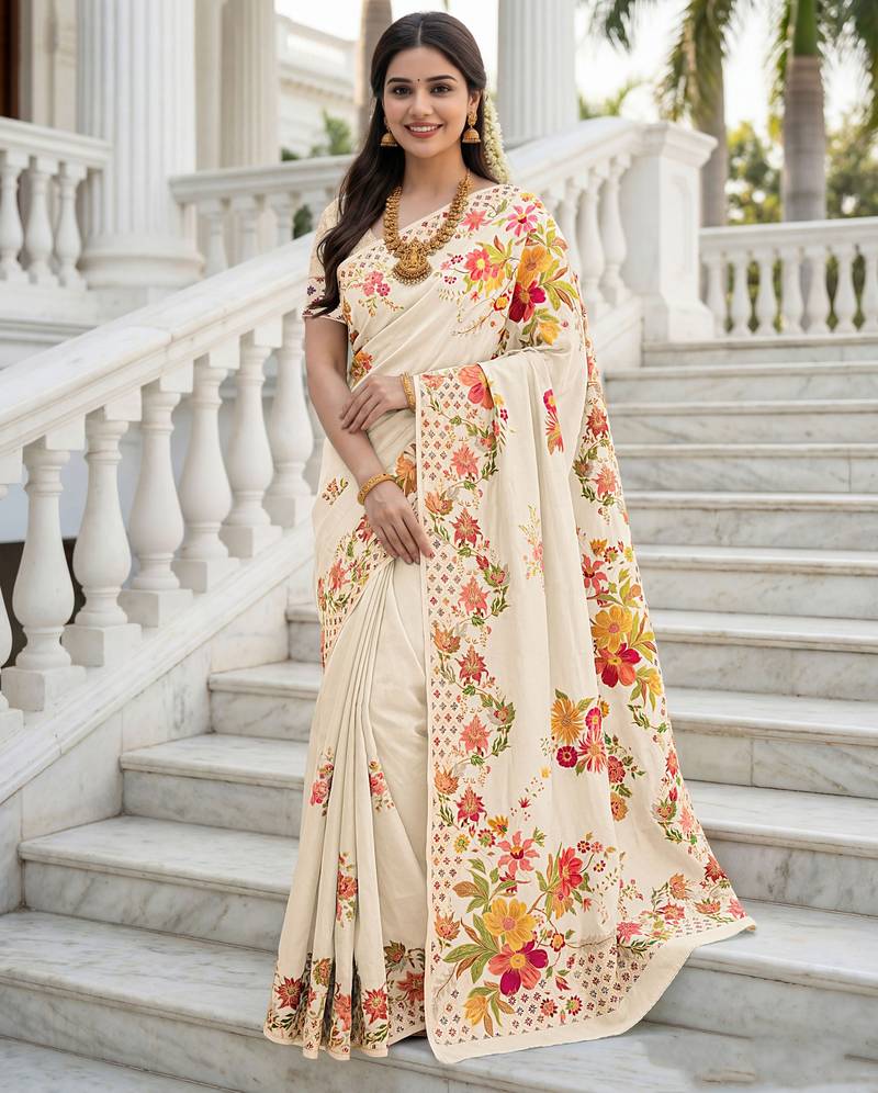 Cream color beautiful russian silk floral position printed work saree