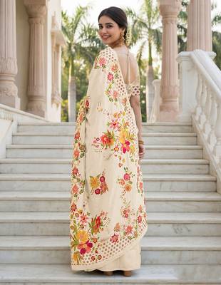 Cream russian silk blend floral position printed work saree 2