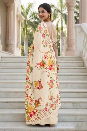 Cream russian silk blend floral position printed work saree