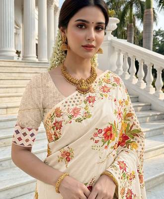 Cream russian silk blend floral position printed work saree 3
