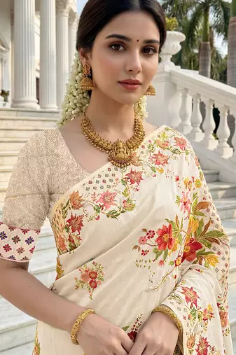 Cream russian silk blend floral position printed work saree