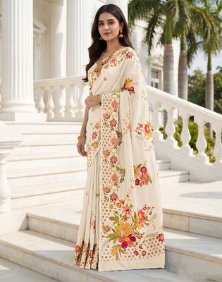 Cream russian silk blend floral position printed work saree 4