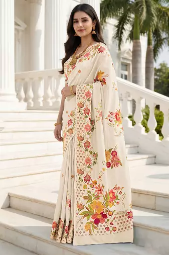 Cream russian silk blend floral position printed work saree