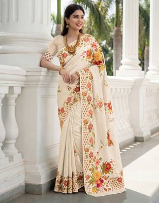 Cream russian silk blend floral position printed work saree 5
