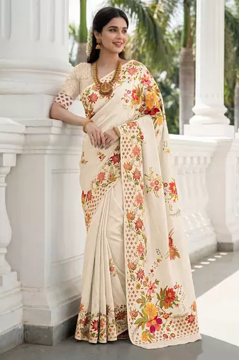 Cream russian silk blend floral position printed work saree