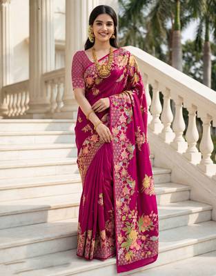 Rani pink russian silk blend floral position printed work saree 1