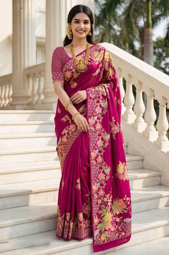 Rani pink color beautiful russian silk floral position printed work saree