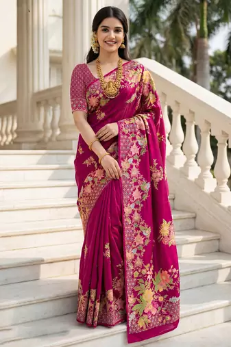 Rani pink color beautiful russian silk floral position printed work saree