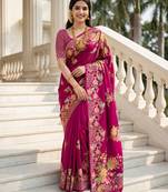 Rani pink color beautiful russian silk floral position printed work saree