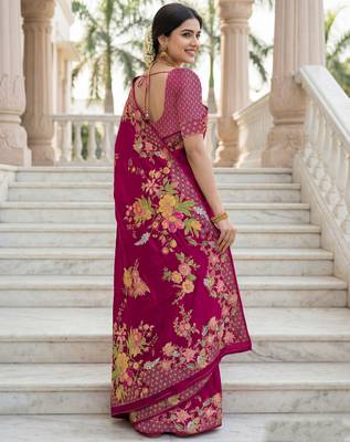 Rani pink russian silk blend floral position printed work saree 2