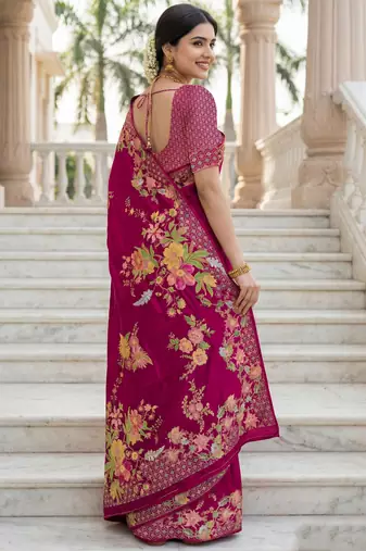 Rani pink russian silk blend floral position printed work saree