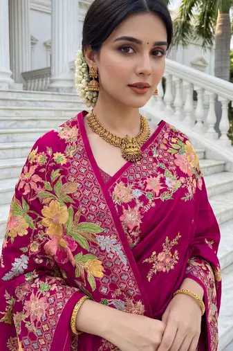 Rani pink russian silk blend floral position printed work saree