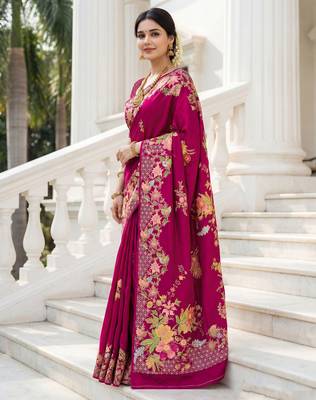 Rani pink russian silk blend floral position printed work saree 4