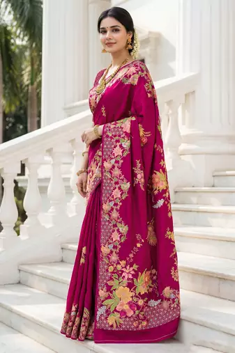 Rani pink russian silk blend floral position printed work saree