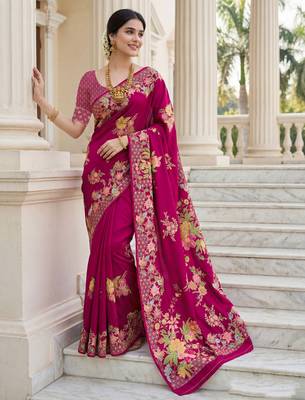 Rani pink russian silk blend floral position printed work saree 5