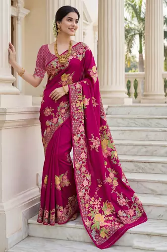 Rani pink russian silk blend floral position printed work saree