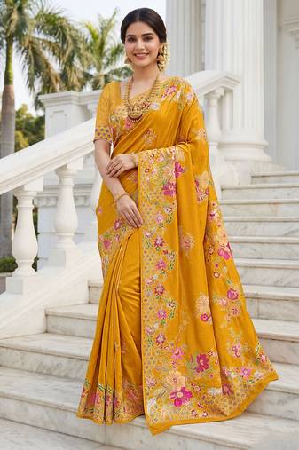 Mustard color beautiful russian silk floral position printed work saree