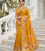 Mustard color beautiful russian silk floral position printed work saree