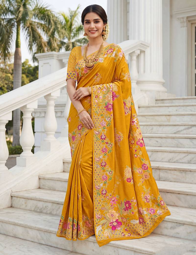 Mustard color beautiful russian silk floral position printed work saree