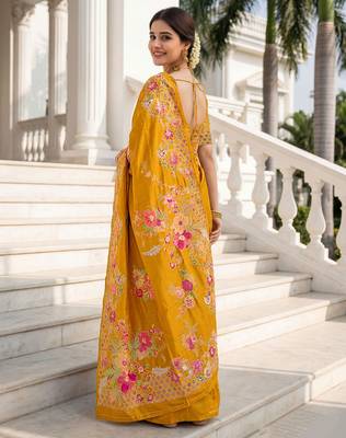 Mustard russian silk blend floral position printed work saree 2