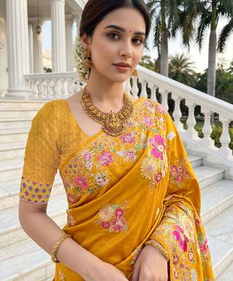 Mustard russian silk blend floral position printed work saree 3