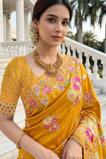 Mustard russian silk blend floral position printed work saree