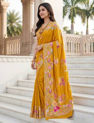 Mustard russian silk blend floral position printed work saree 4