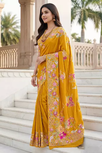 Mustard russian silk blend floral position printed work saree