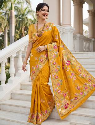 Mustard russian silk blend floral position printed work saree 5