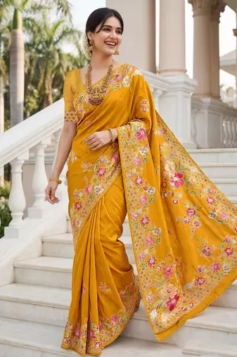 Mustard russian silk blend floral position printed work saree