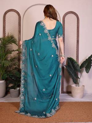 Teal satin chiffon embroidered ethnic saree 2