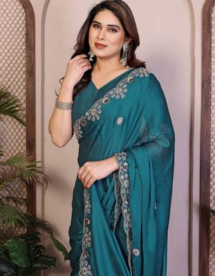 Teal satin chiffon embroidered ethnic saree 3