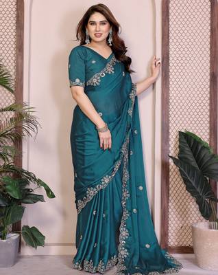 Teal satin chiffon embroidered ethnic saree 5