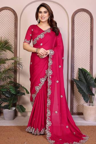 Pink color satin chiffon fabric designer embroidered ethnic saree