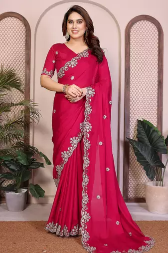 Pink color satin chiffon fabric designer embroidered ethnic saree