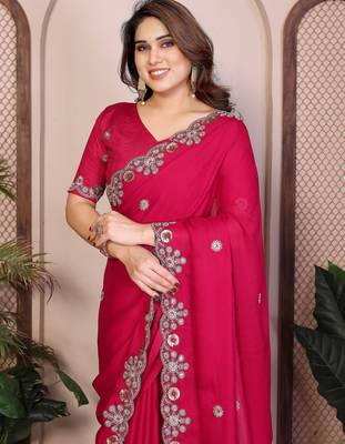 Pink satin chiffon embroidered ethnic saree 3